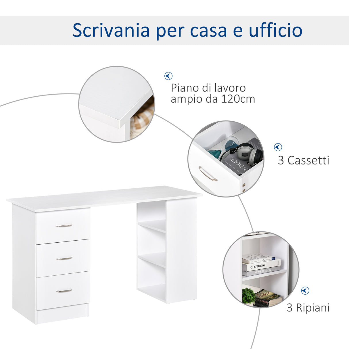 easycomfort easycomfort scrivania moderna con 3 cassetti e ripiani in legno bianco 120x49x72cm ean 8054111847582
