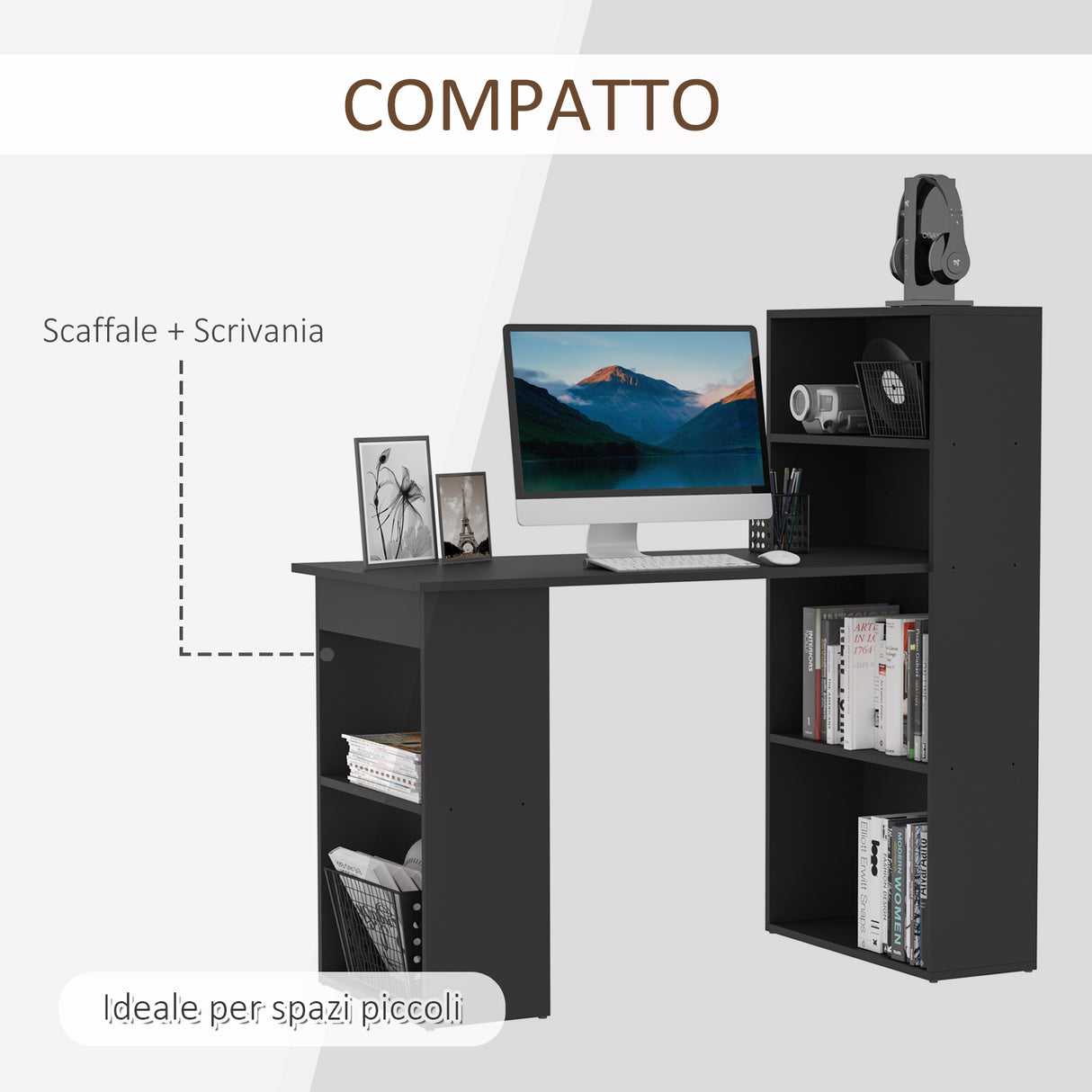 easycomfort easycomfort scrivania pc in legno con 6 ripiani portaoggetti laterali 120x55x120 cm nero