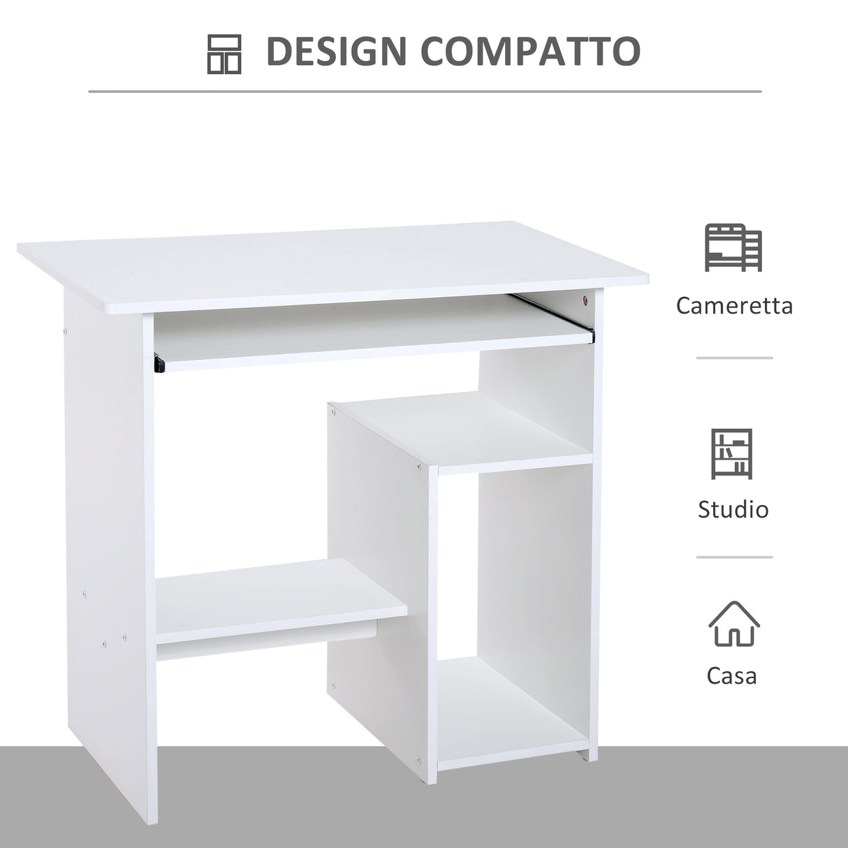 easycomfort easycomfort scrivania compatta con ripiani e mensola tastiera estraibile in legno 80x45x75cm bianco