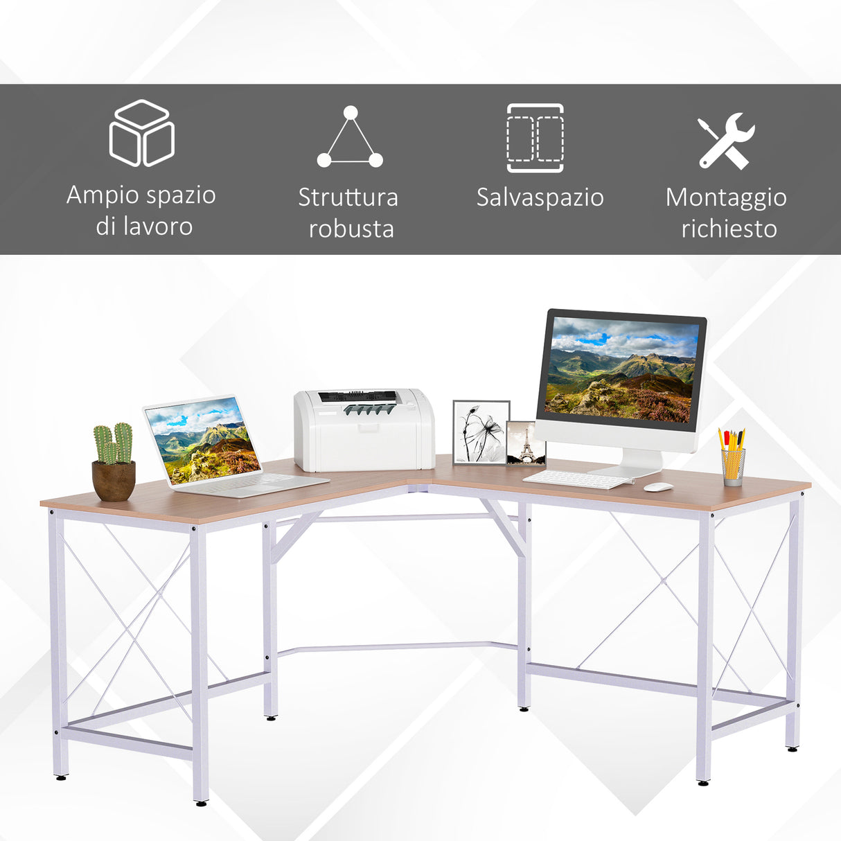 easycomfort easycomfort scrivania angolo spaziosa in legno e metallo rovere e bianco ean 8054144134208