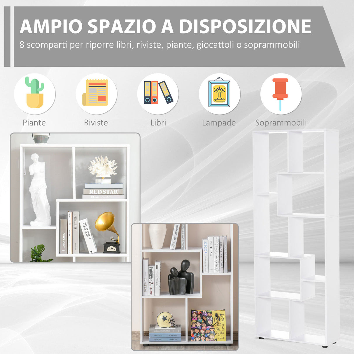 easycomfort easycomfort libreria di design a 8 ripiani in legno truciolare 70x24x178cm bianco