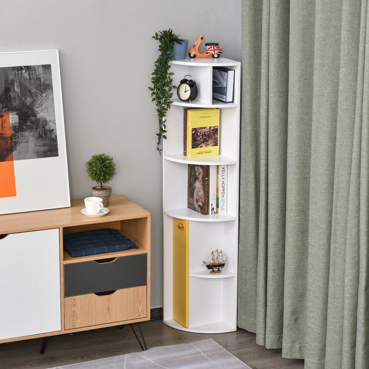 easycomfort easycomfort scaffale in legno angolare libreria a parete bianco con 5 ripiani e armadietto giallo 29 8x29 9x147cm ean 8054144132952