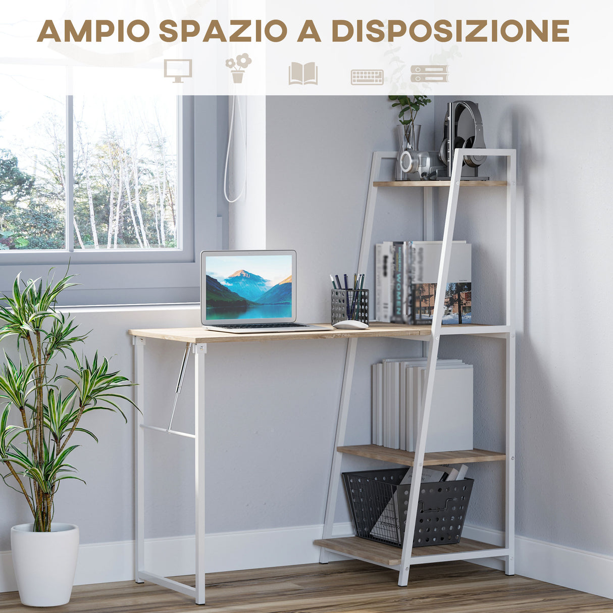 easycomfort easycomfort scrivania pieghevole con libreria salvaspazio in metallo bianco e rovere ean 8054144138176