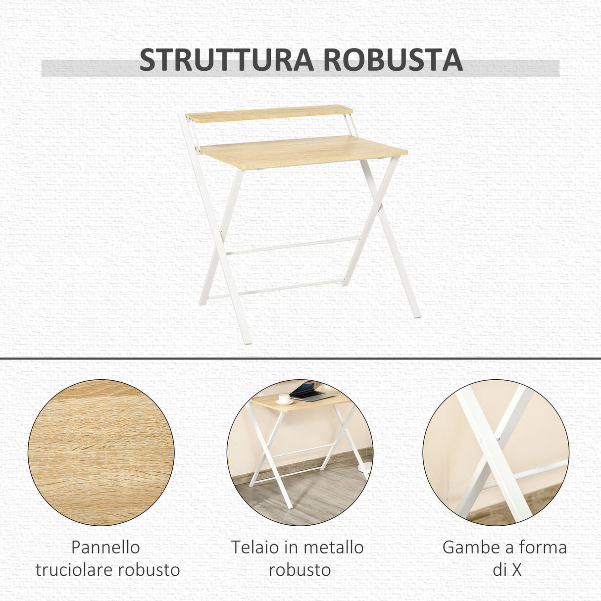 easycomfort easycomfort scrivania pieghevole salvaspazio con mensola 81.5x70x84cm color legno e bianco