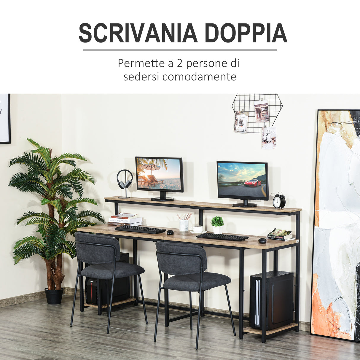 easycomfort easycomfort scrivania doppia con scaffali e mensola stile industriale in metallo e mdf 200x53x100cm nero marrone