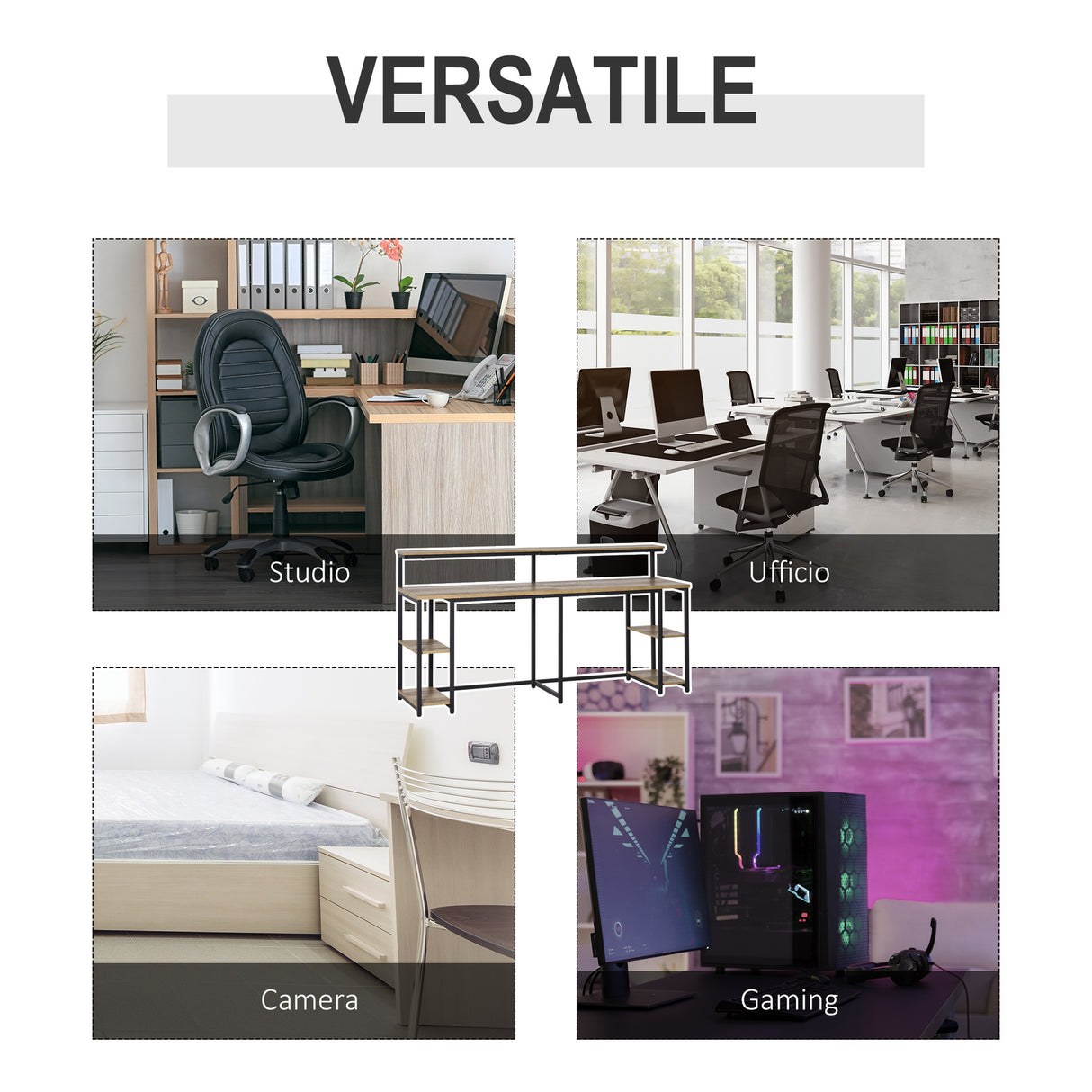 easycomfort easycomfort scrivania doppia con scaffali e mensola stile industriale in metallo e mdf 200x53x100cm nero marrone