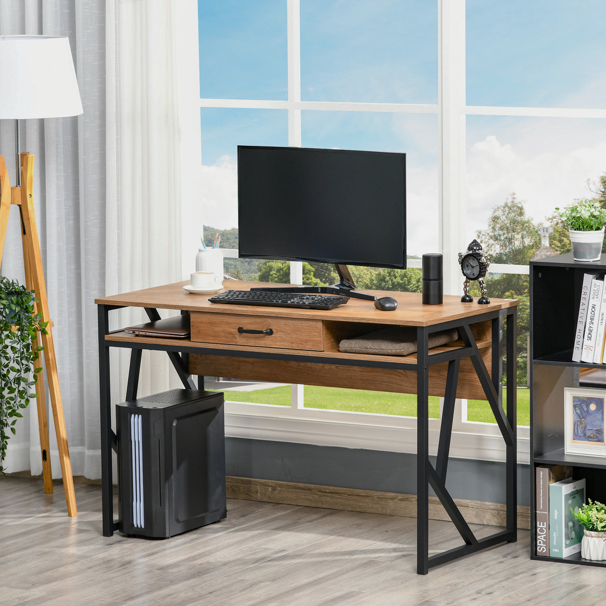 easycomfort easycomfort scrivania in metallo e mdf stile industriale con mensole e cassetto 120x60x76cm nero marrone
