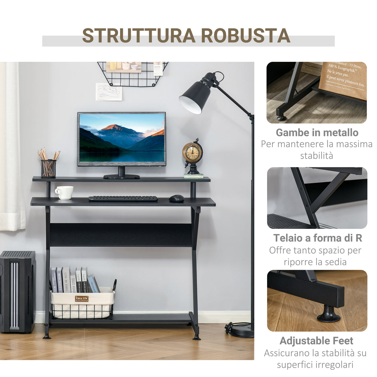 easycomfort easycomfort tavolo porta pc salvaspazio con ripiano monitor rialzato 100x60x85 5cm legno nero