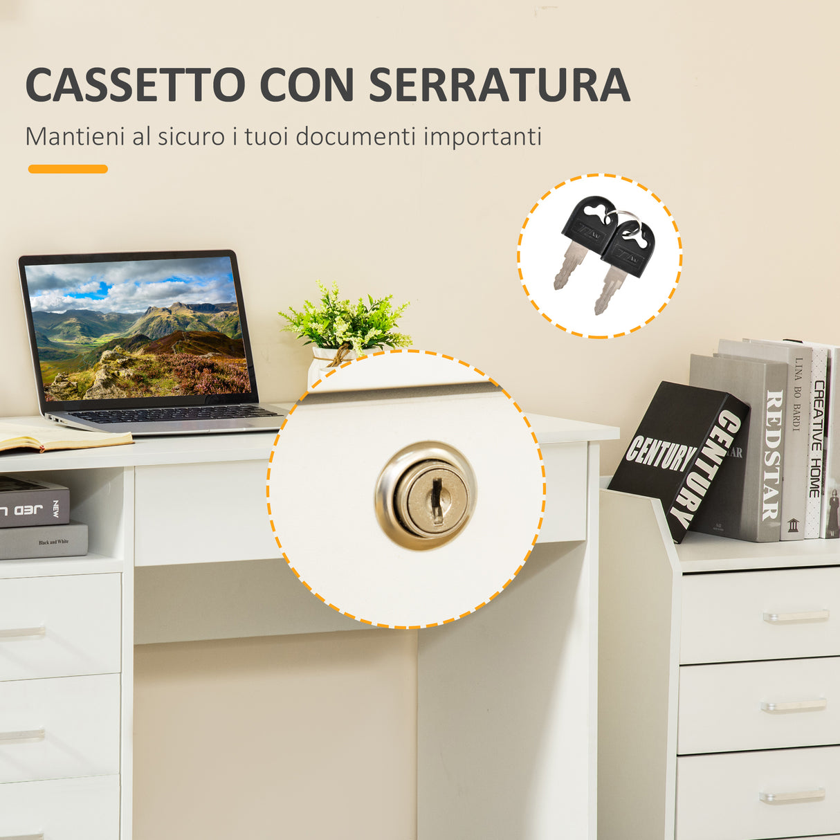 easycomfort easycomfort scrivania per camera o ufficio in legno con 2 cassetti e 2 chiavi 110x50x76cm bianco