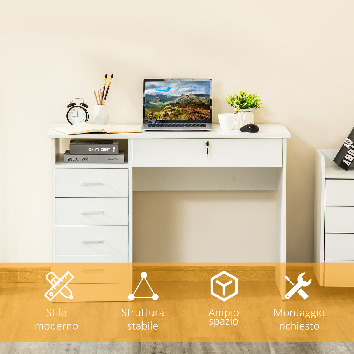 easycomfort easycomfort scrivania per camera o ufficio in legno con 2 cassetti e 2 chiavi 110x50x76cm bianco