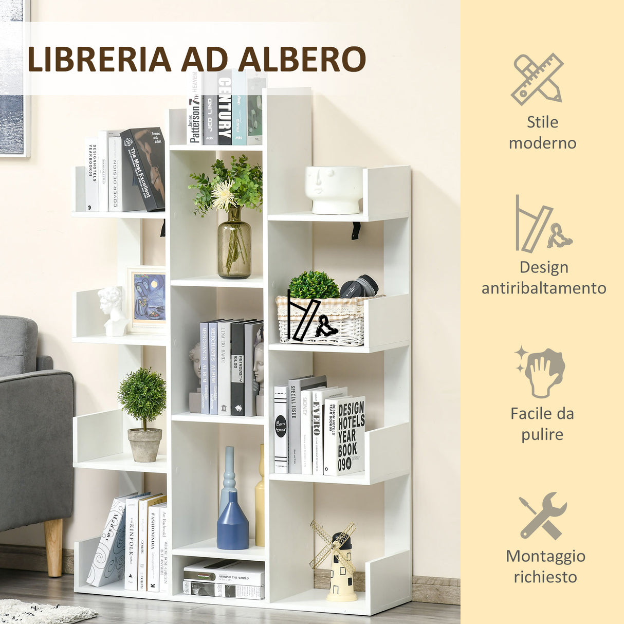 easycomfort easycomfort mobile libreria ad albero con 13 ripiani in legno truciolare 96x30x150cm