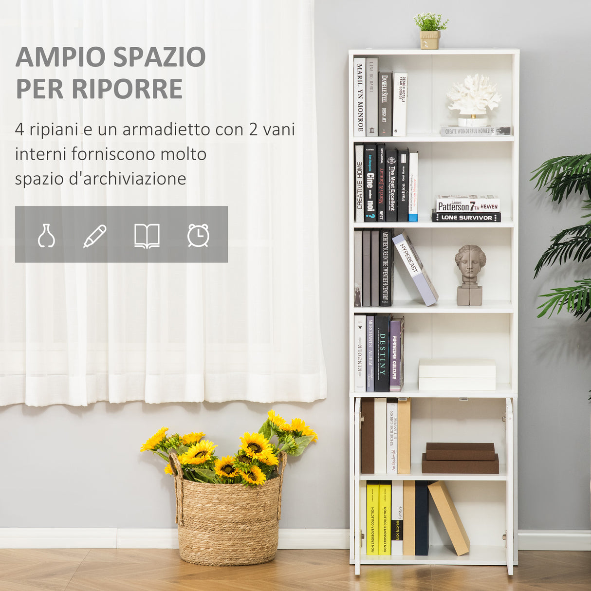 easycomfort easycomfort libreria moderna 4 ripiani con armadietto a 2 ante in legno 59x29x180cm bianca