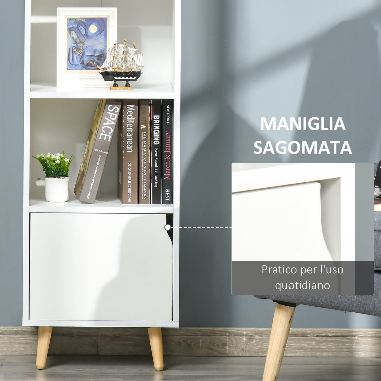 easycomfort easycomfort scaffale libreria con 3 ripiani e 1 armadietto in legno 40x30x129 5cm bianco
