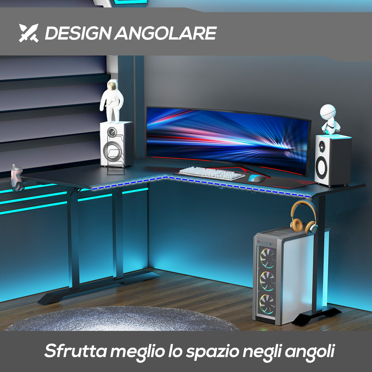 easycomfort easycomfort scrivania angolare per gaming e ufficio con gancio per cuffie porta tazza supporto gamepad e tappetino nero