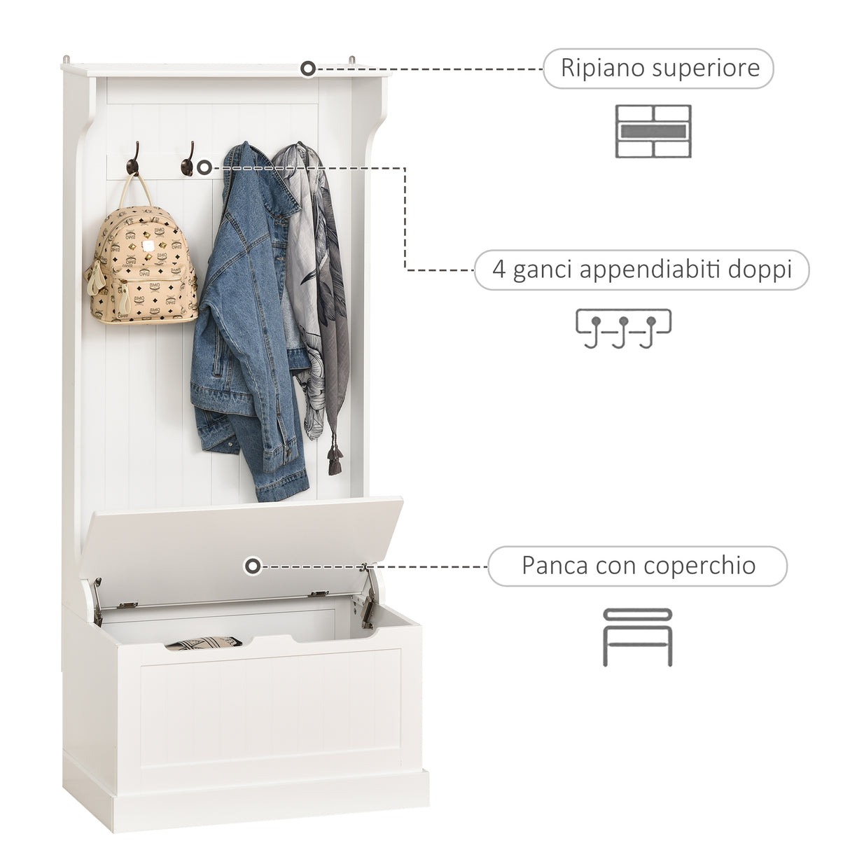 easycomfort easycomfort appendiabiti con panca contenitore in mdf 71.5 x 39.5 x 170cm bianco ean 8054144139944