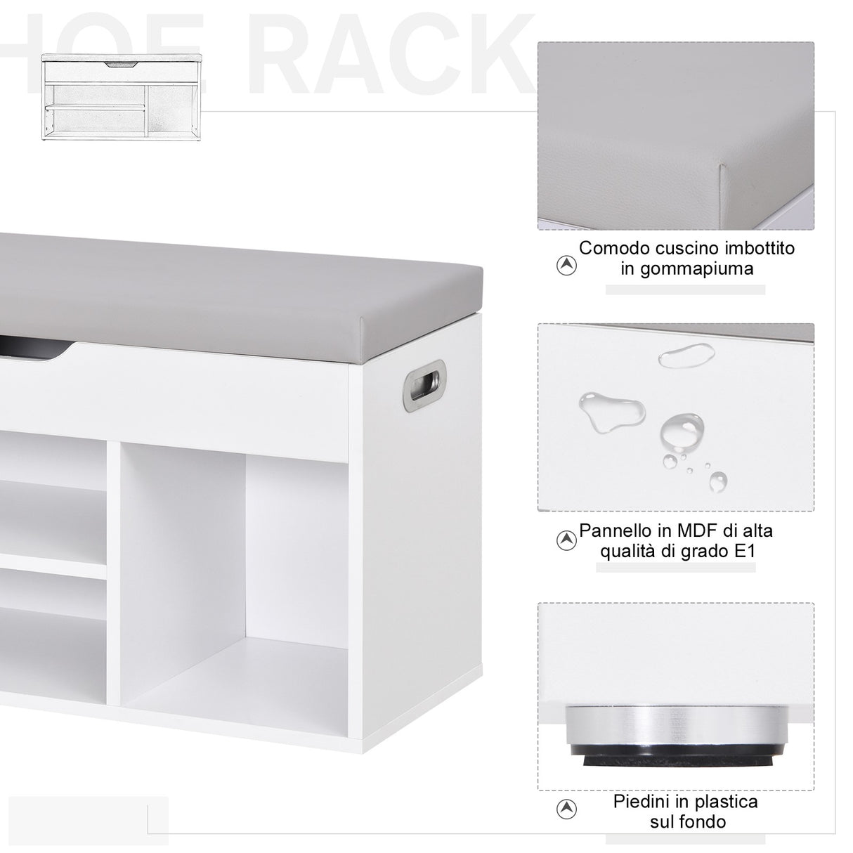 easycomfort easycomfort mobile scarpiera salvaspazio con panca contenitore imbottita e vani aperti 80x30x43cm bianco ean 8054111849661
