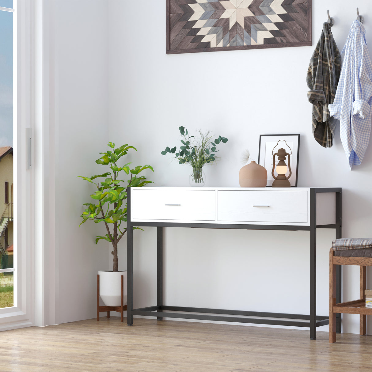 easycomfort easycomfort tavolo consolle per ingresso con 2 cassetti in legno bianco e metallo nero ean 8054144132648