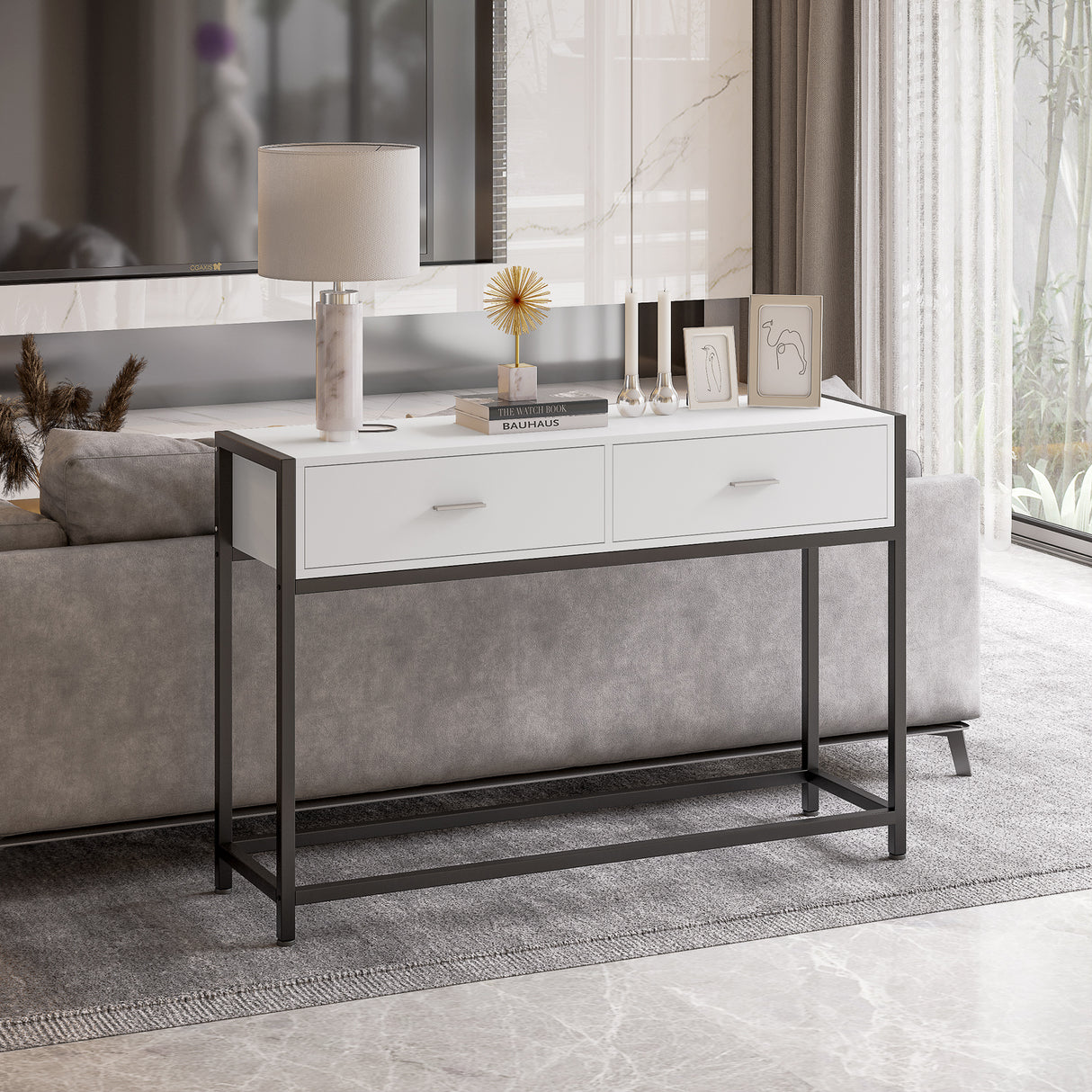 easycomfort easycomfort tavolo consolle per ingresso con 2 cassetti in legno bianco e metallo nero ean 8054144132648