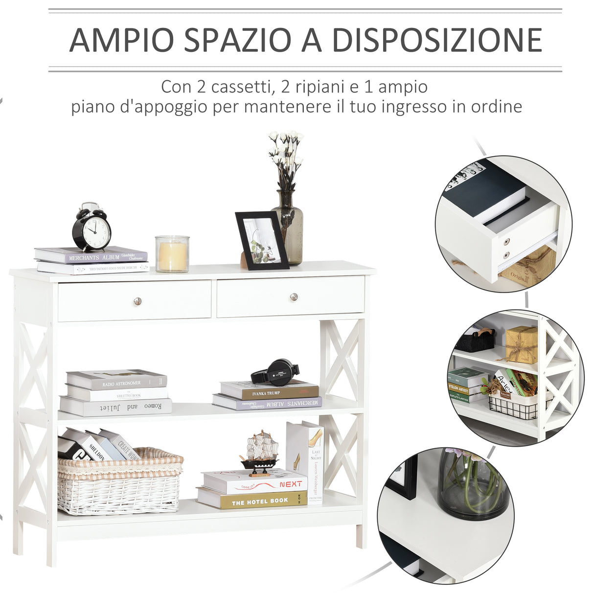 easycomfort easycomfort tavolo consolle con 2 cassetti e 2 mensole mobile da ingresso e soggiorno in mdf 100x30.5x80cm bianco ean 8054144133713