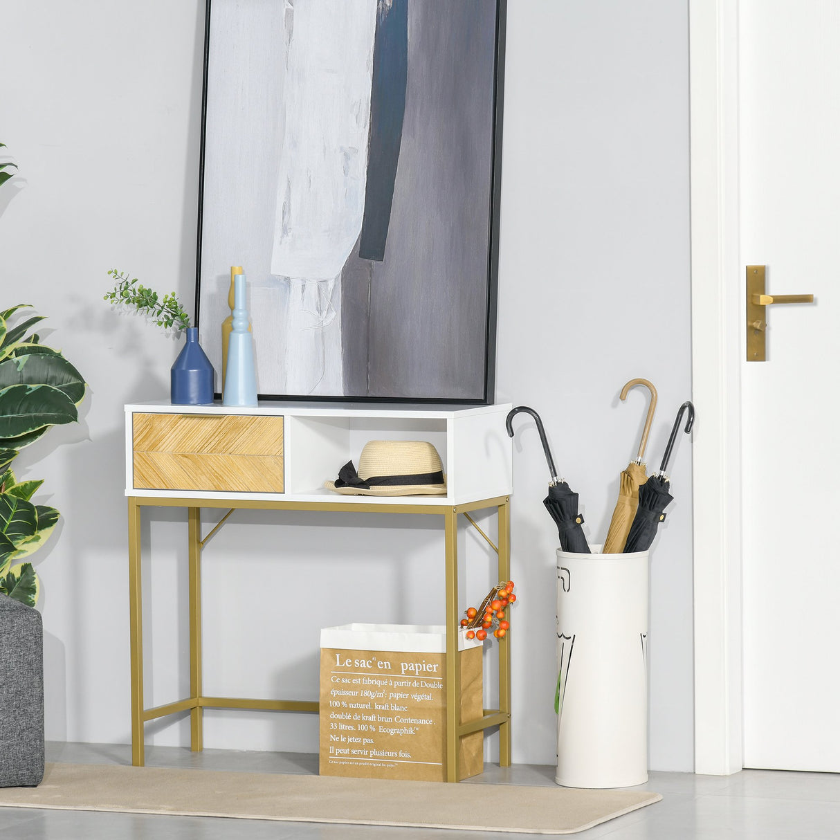 easycomfort easycomfort tavolino consolle design moderno bianco e oro con cassetto in legno 80x30x80.5cm