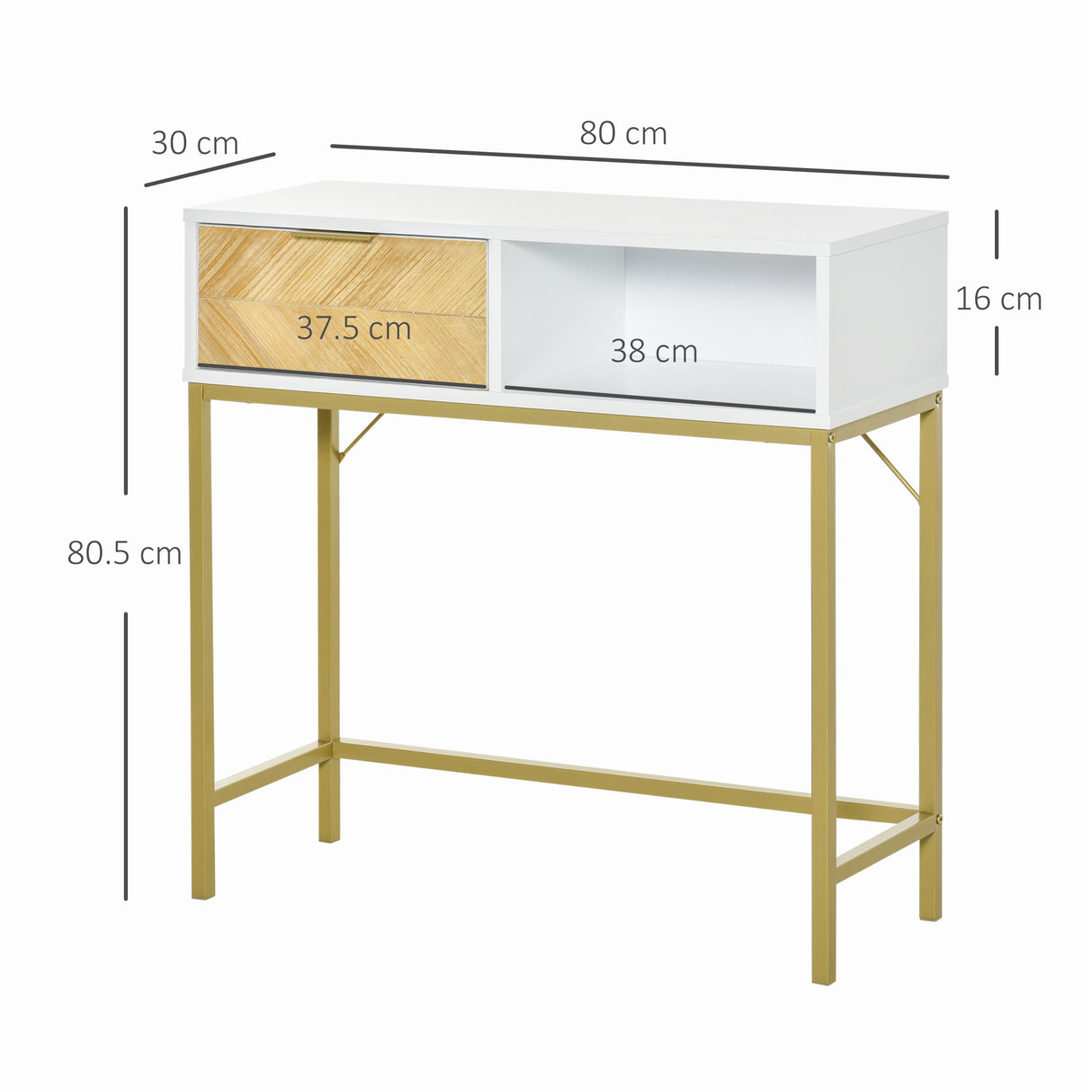 easycomfort easycomfort tavolino consolle design moderno bianco e oro con cassetto in legno 80x30x80.5cm