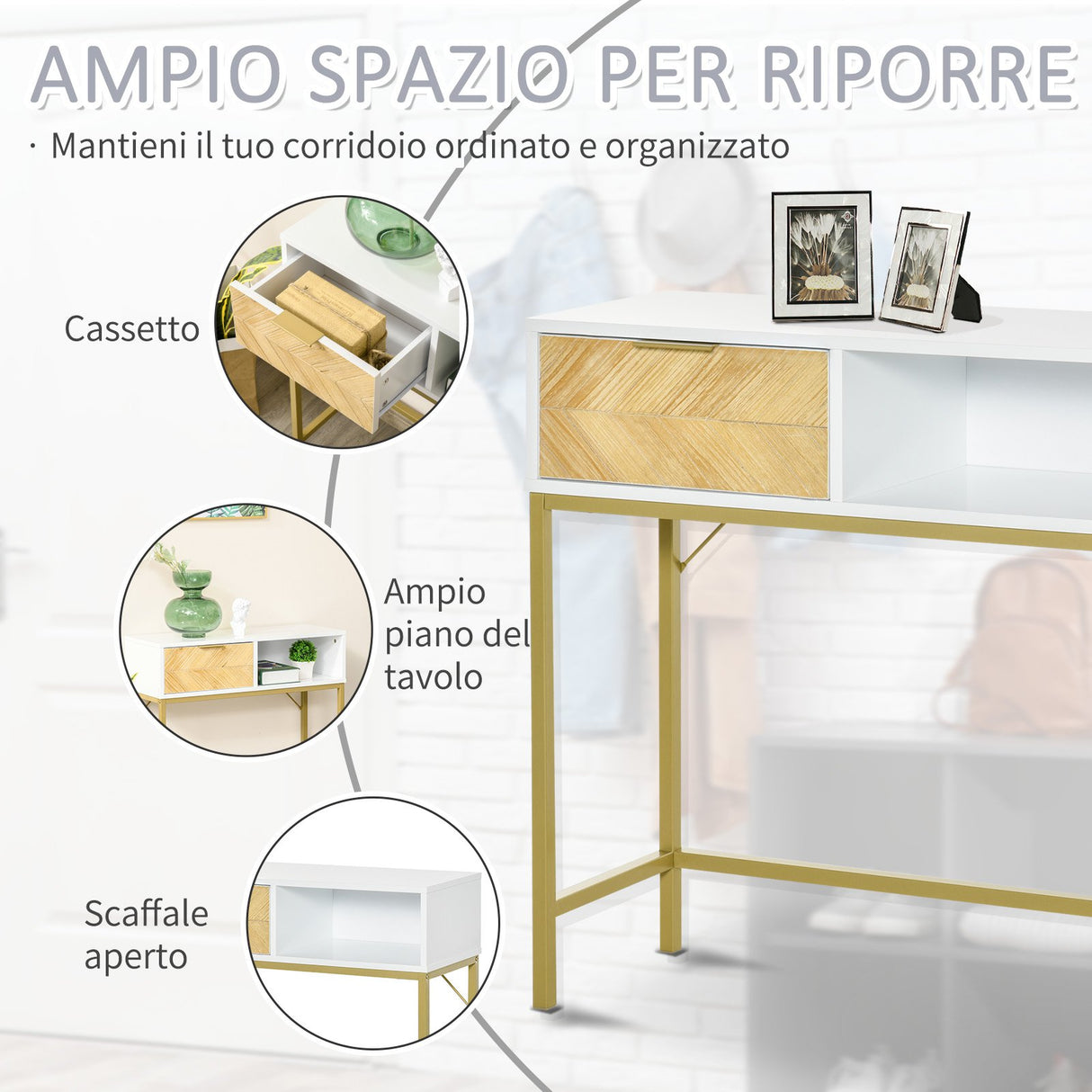 easycomfort easycomfort tavolino consolle design moderno bianco e oro con cassetto in legno 80x30x80.5cm