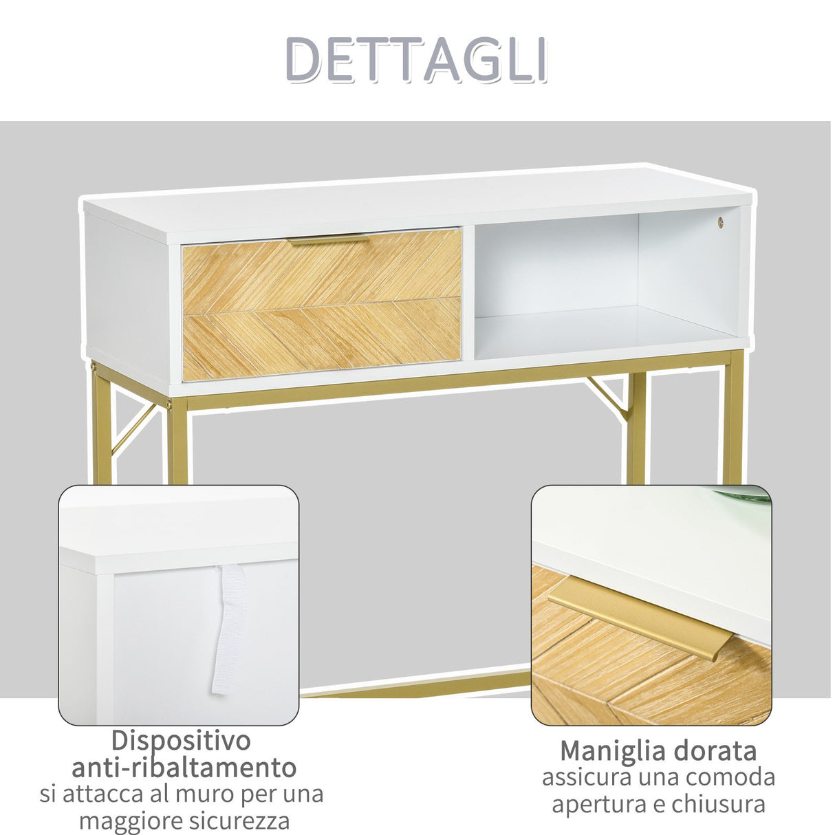 easycomfort easycomfort tavolino consolle design moderno bianco e oro con cassetto in legno 80x30x80.5cm