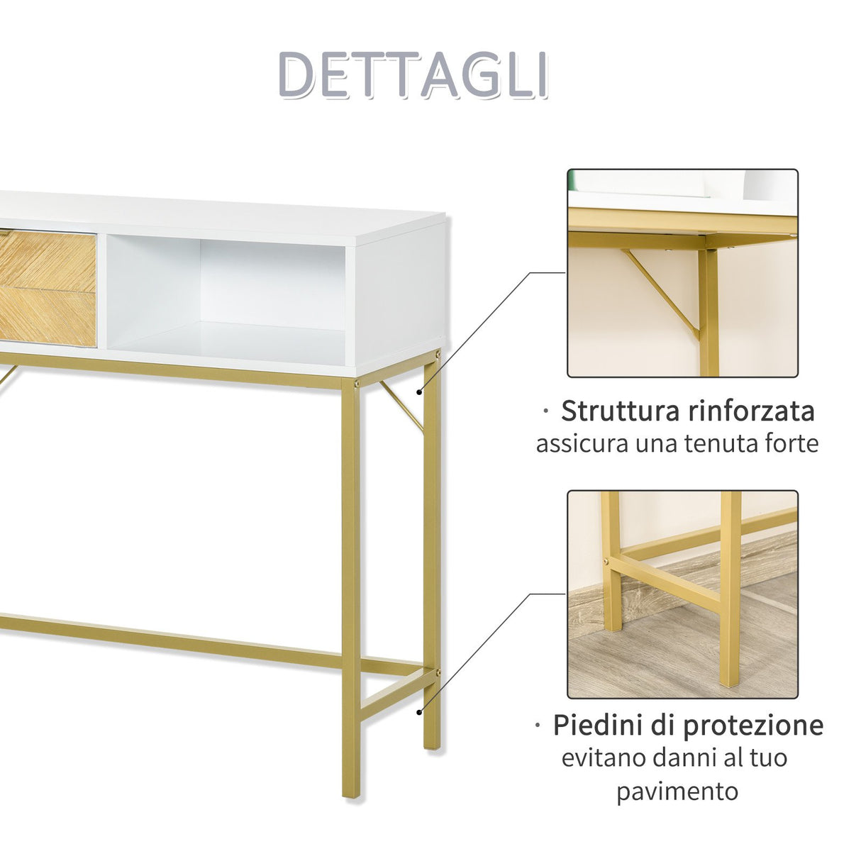 easycomfort easycomfort tavolino consolle design moderno bianco e oro con cassetto in legno 80x30x80.5cm
