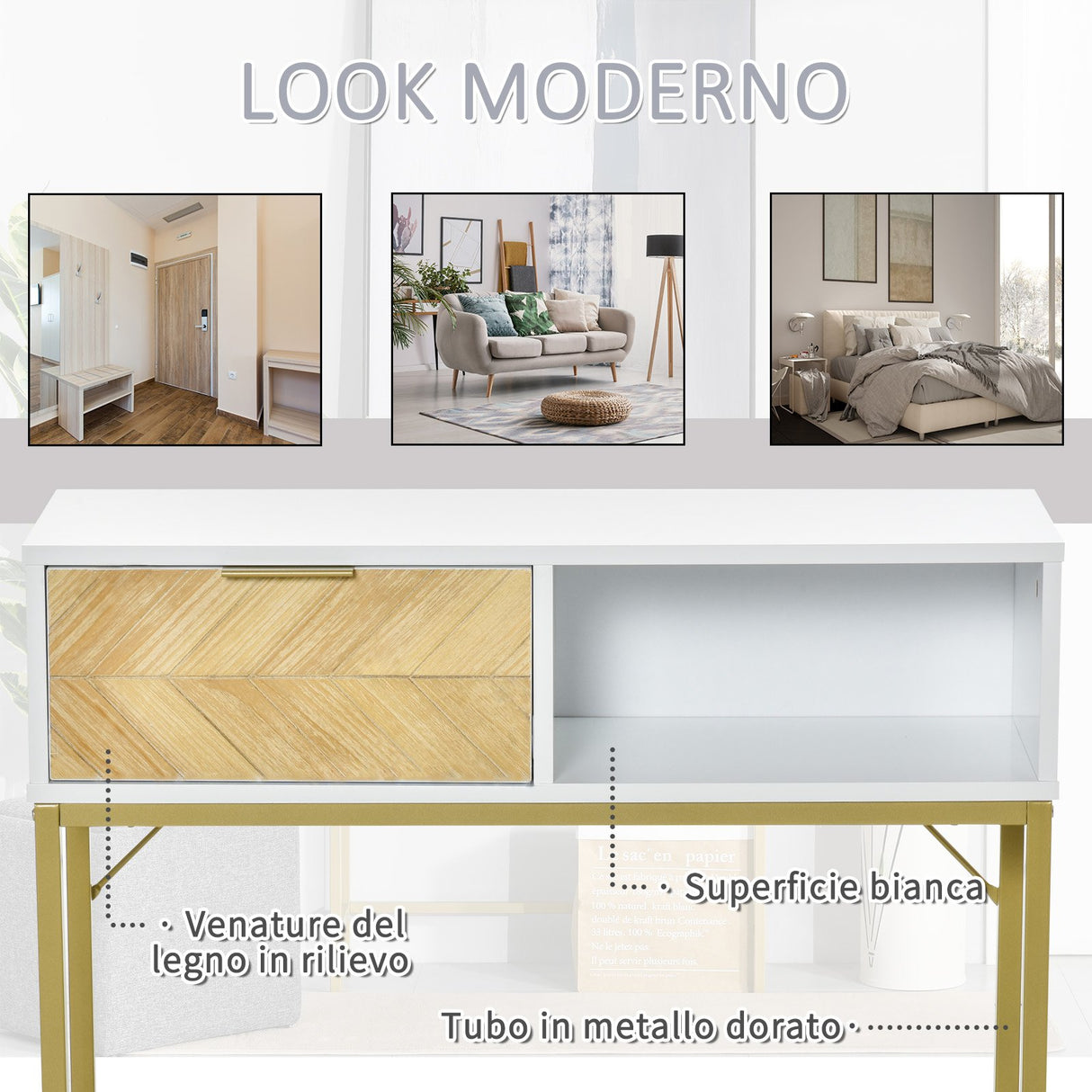 easycomfort easycomfort tavolino consolle design moderno bianco e oro con cassetto in legno 80x30x80.5cm