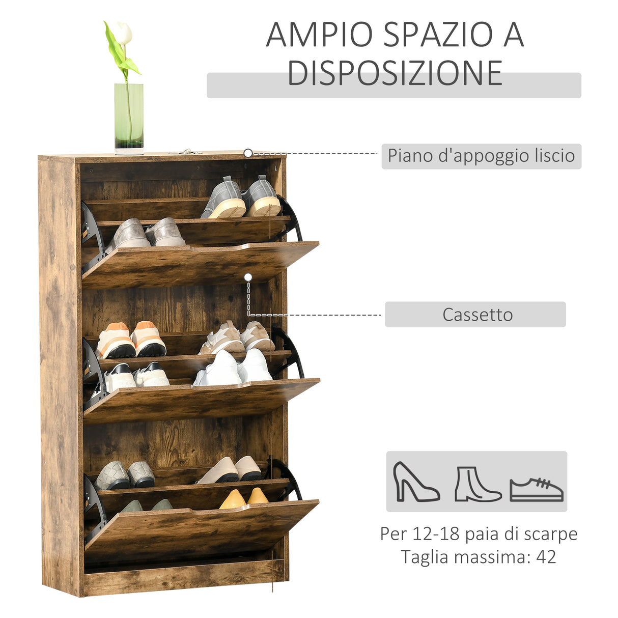 easycomfort easycomfort mobile scarpiera salvaspazio a 3 ante con mensole regolabili per 12 18 scarpe in legno marrone rustico