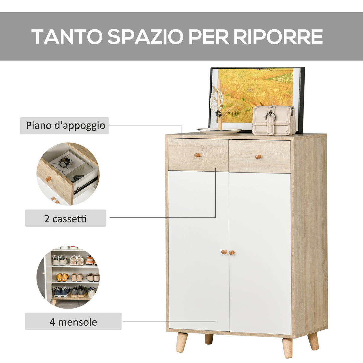 easycomfort easycomfort mobile scarpiera salvaspazio per 12 scarpe armadietto con 4 mensole e 2 cassetti 68x35x102.5cm color legno e bianco