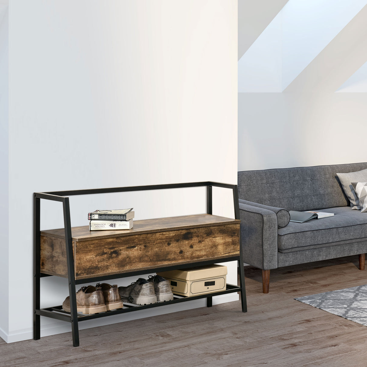 easycomfort easycomfort mobile scarpiera con vano contenitore legno e metallo marrone