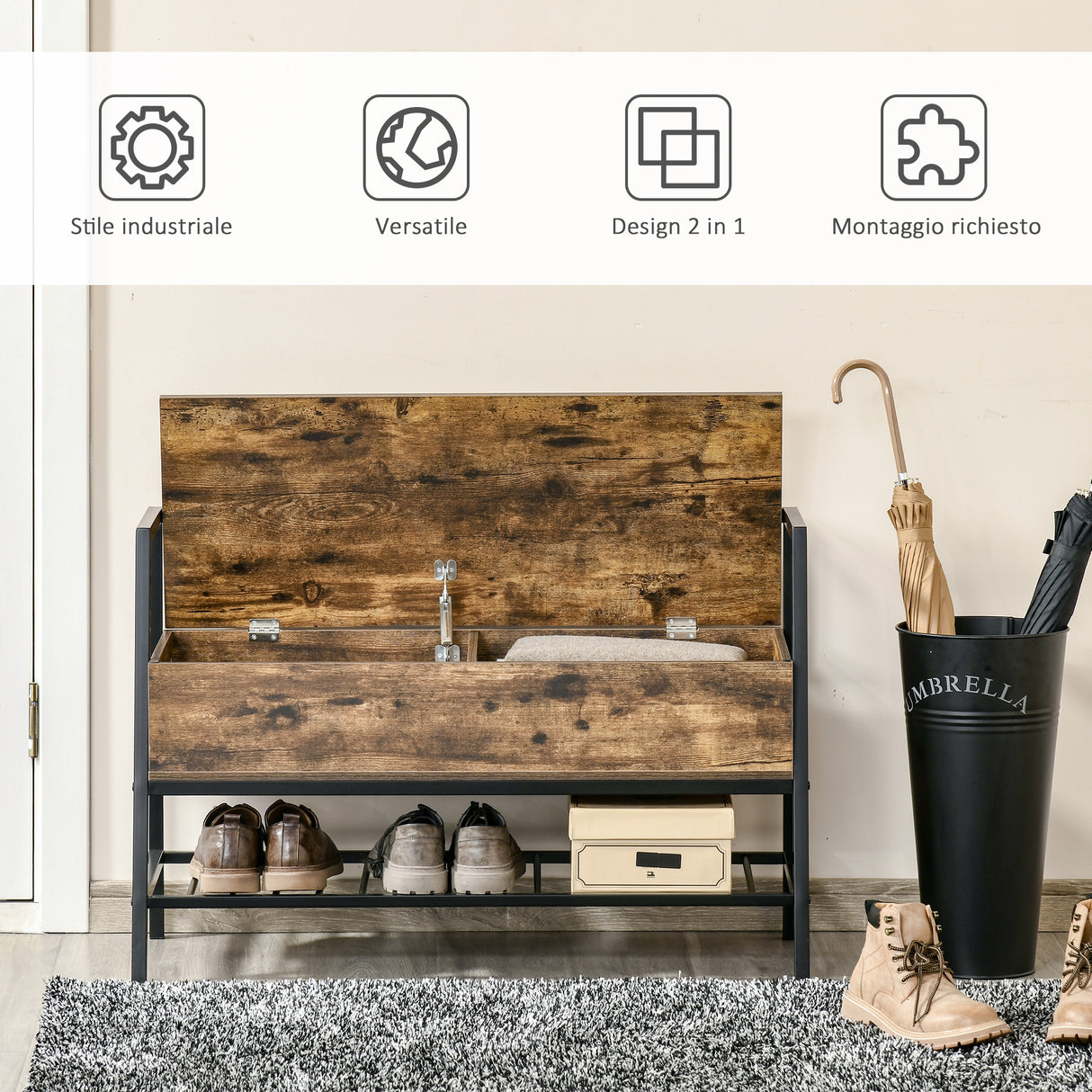 easycomfort easycomfort mobile scarpiera con vano contenitore legno e metallo marrone