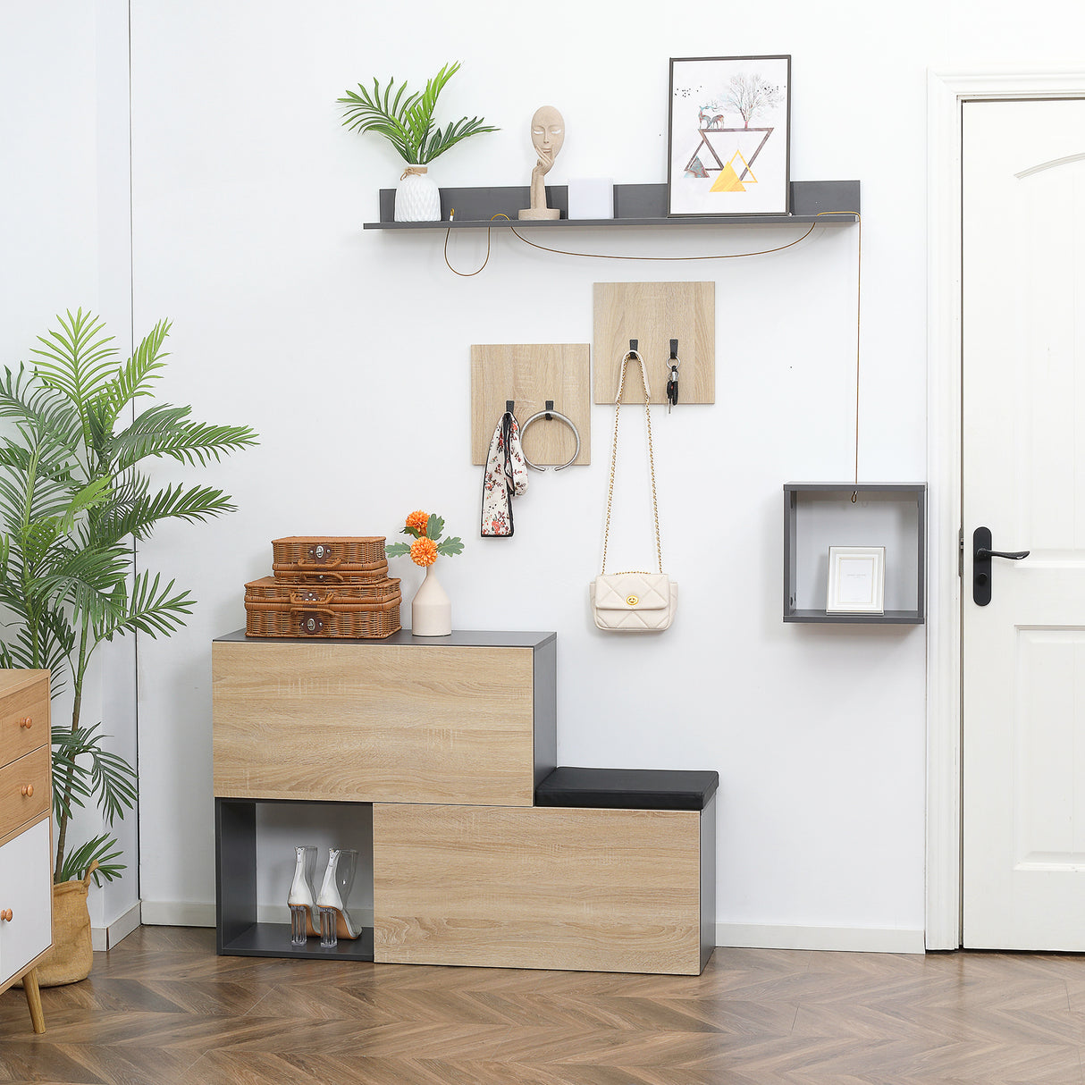 easycomfort easycomfort set mobile da ingresso con attaccapanni scarpiera con panca e scaffale grigio e naturale