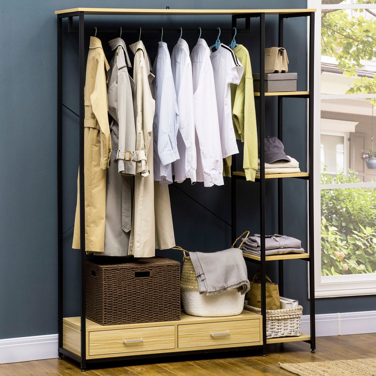 easycomfort easycomfort appendiabiti in stile industriale con 2 cassetti e 4 ripiani aperti in dotazione in acciaio e truciolato 130x40x180cm color legno e nero