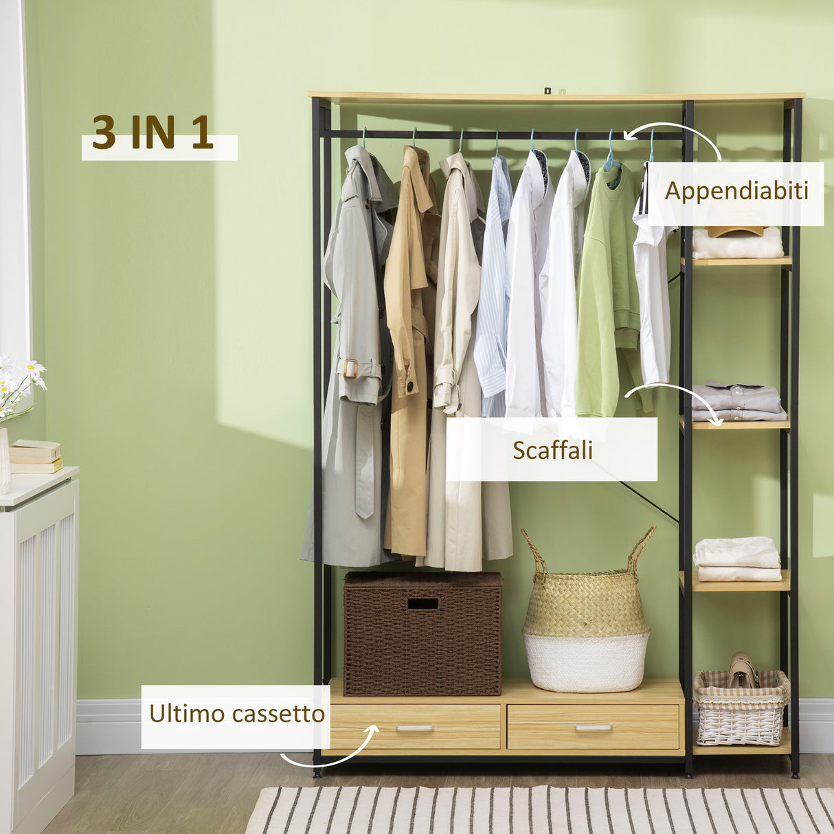 easycomfort easycomfort appendiabiti in stile industriale con 2 cassetti e 4 ripiani aperti in dotazione in acciaio e truciolato 130x40x180cm color legno e nero