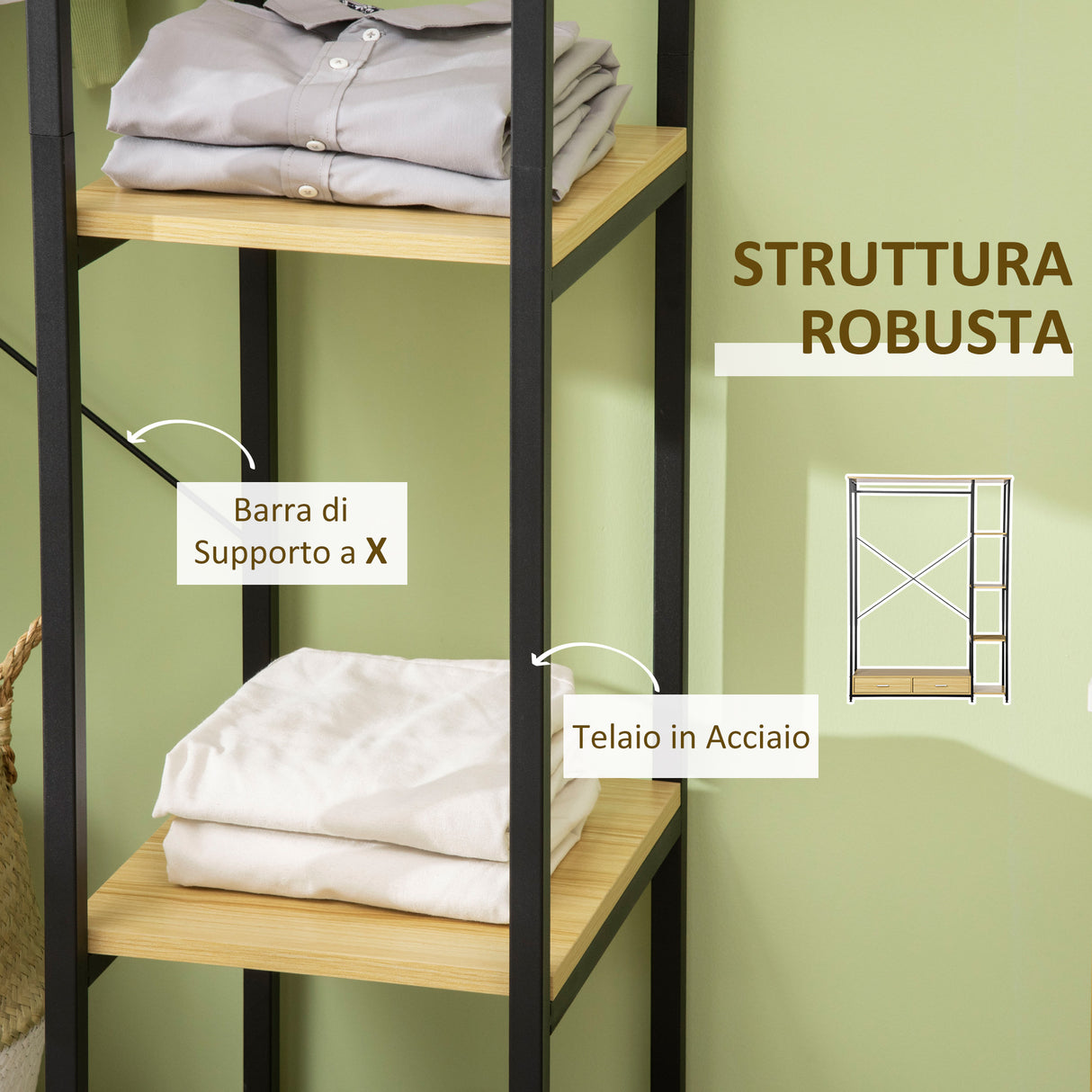 easycomfort easycomfort appendiabiti in stile industriale con 2 cassetti e 4 ripiani aperti in dotazione in acciaio e truciolato 130x40x180cm color legno e nero