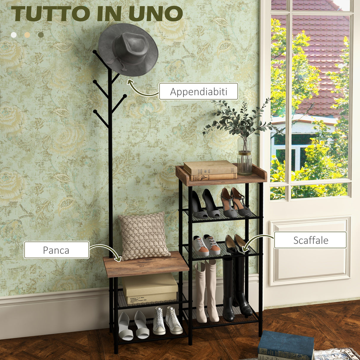 easycomfort easycomfort appendiabiti da terra a 6 ganci in truciolato e acciaio con mobile scarpiera portaoggetti 92 5x28 2x182 cm