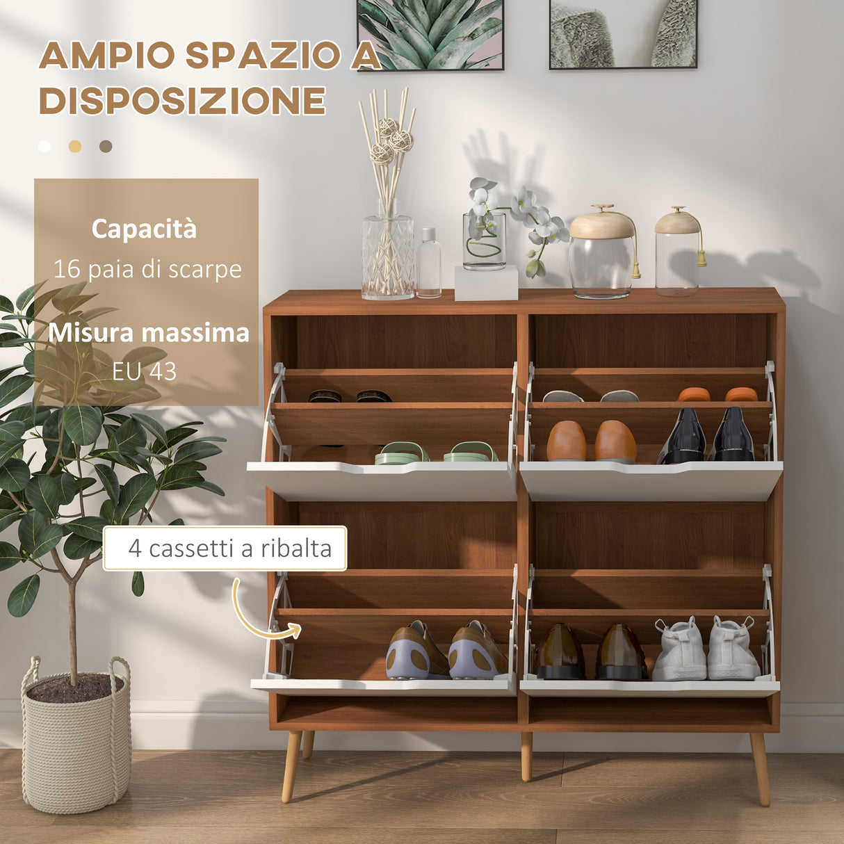 easycomfort easycomfort mobile scarpiera in truciolato e pino con 4 cassetti e 2 ripiani regolabili per ogni cassetto 95x26x95 cm