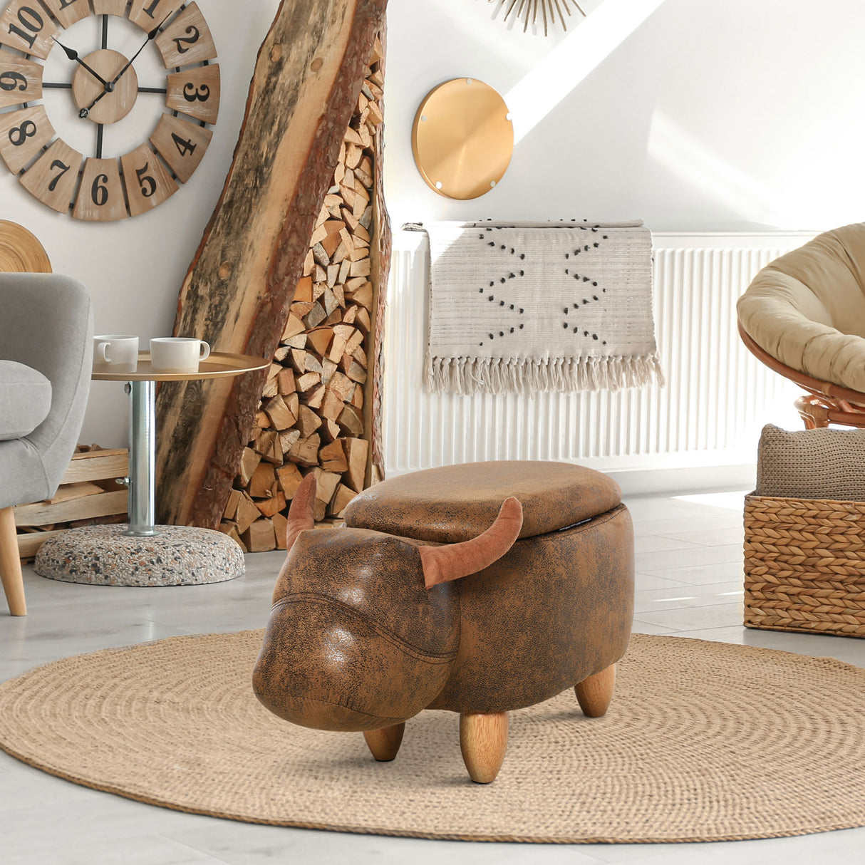 easycomfort easycomfort pouf contenitore a forma di bufalo sgabello poggiapiedi con struttura in legno e seduta imbottita 62x35x36cm marrone