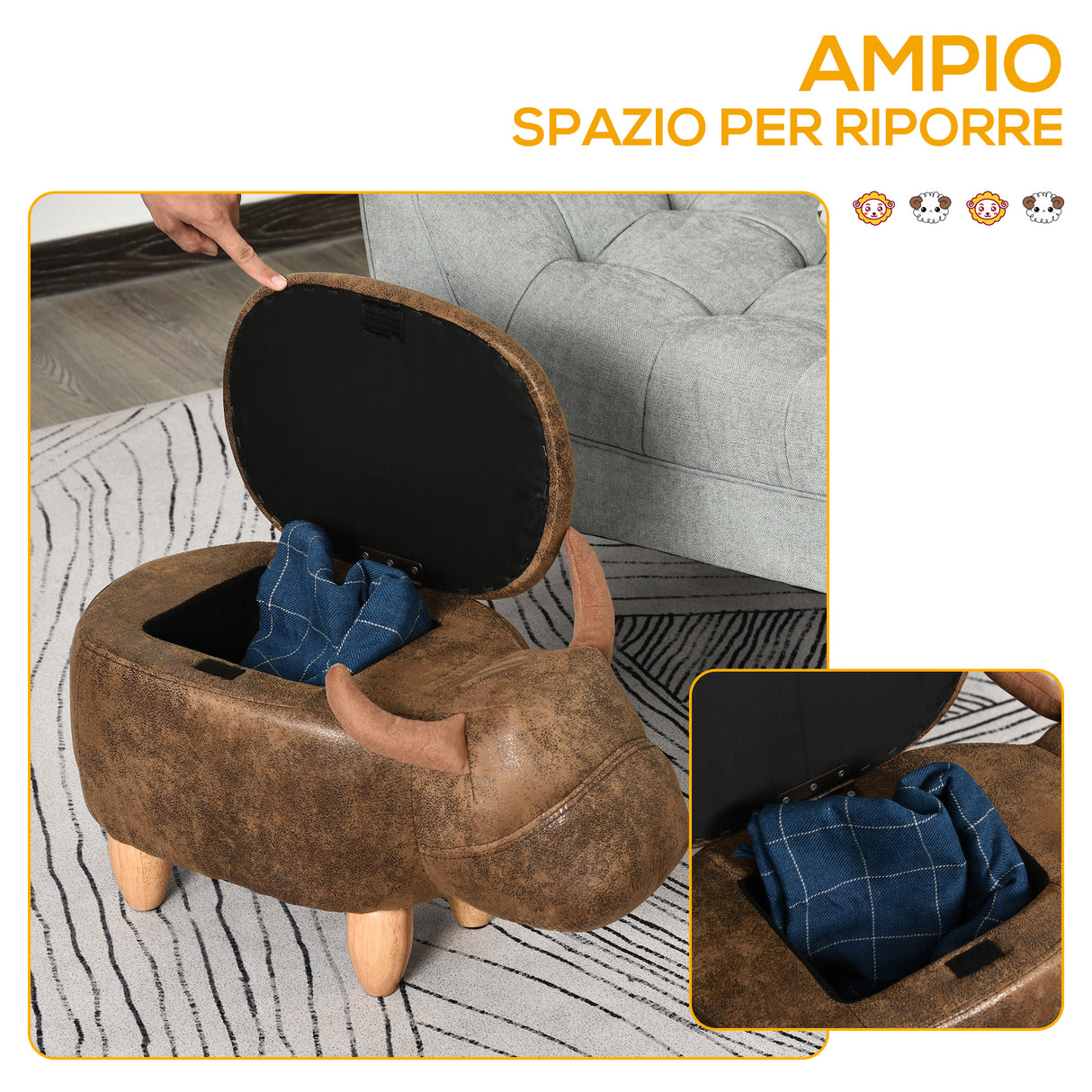 easycomfort easycomfort pouf contenitore a forma di bufalo sgabello poggiapiedi con struttura in legno e seduta imbottita 62x35x36cm marrone