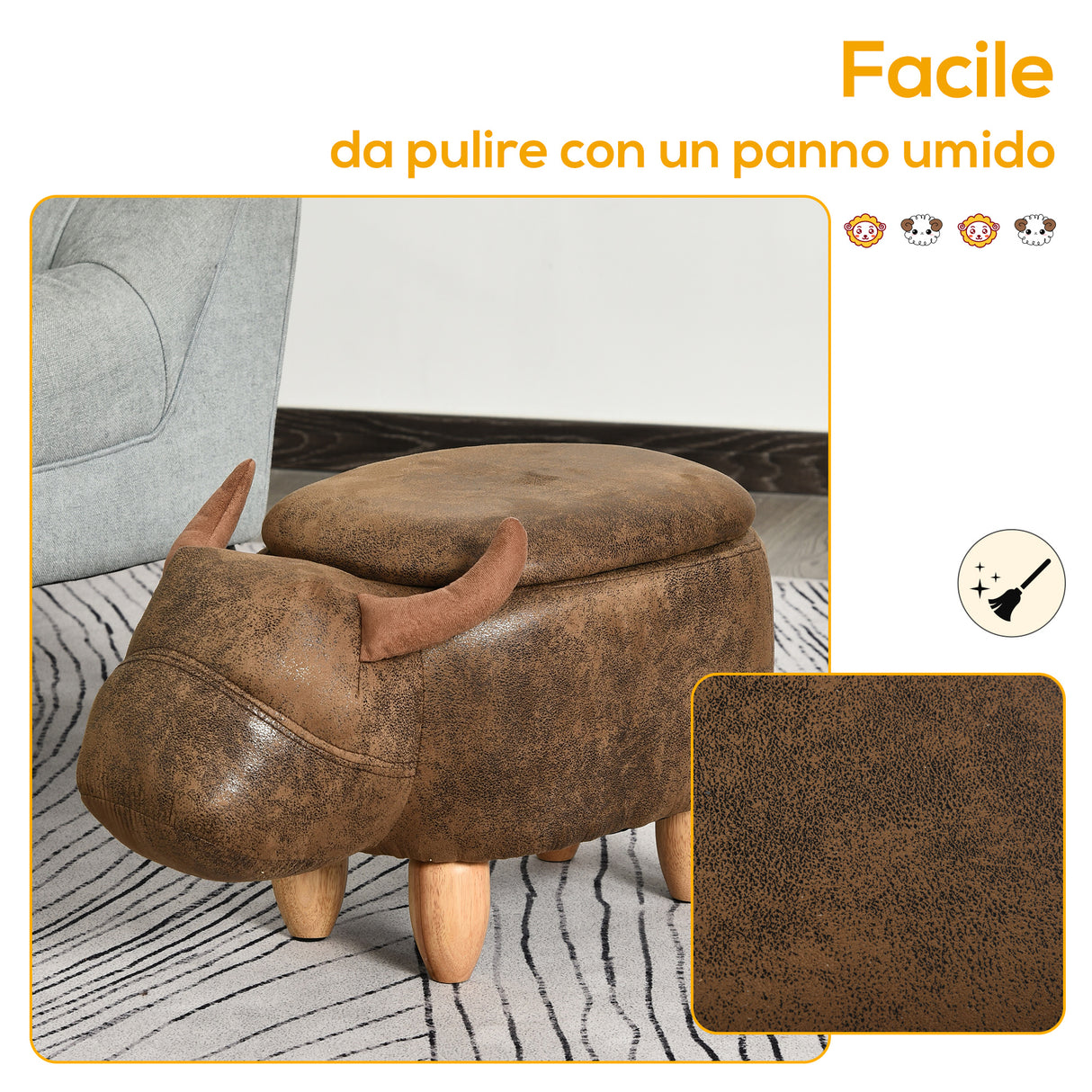 easycomfort easycomfort pouf contenitore a forma di bufalo sgabello poggiapiedi con struttura in legno e seduta imbottita 62x35x36cm marrone