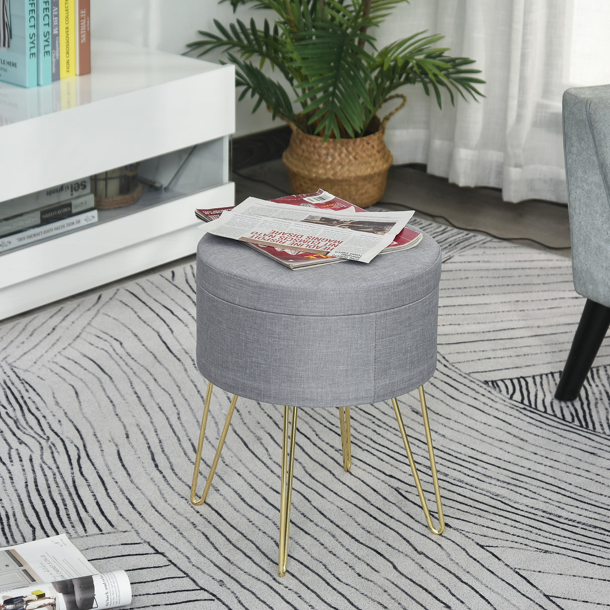 easycomfort easycomfort pouf contenitore 2 in 1 con funzione sgabello e tavolino in legno e tessuto grigio metallo con finitura oro 36x36x45cm