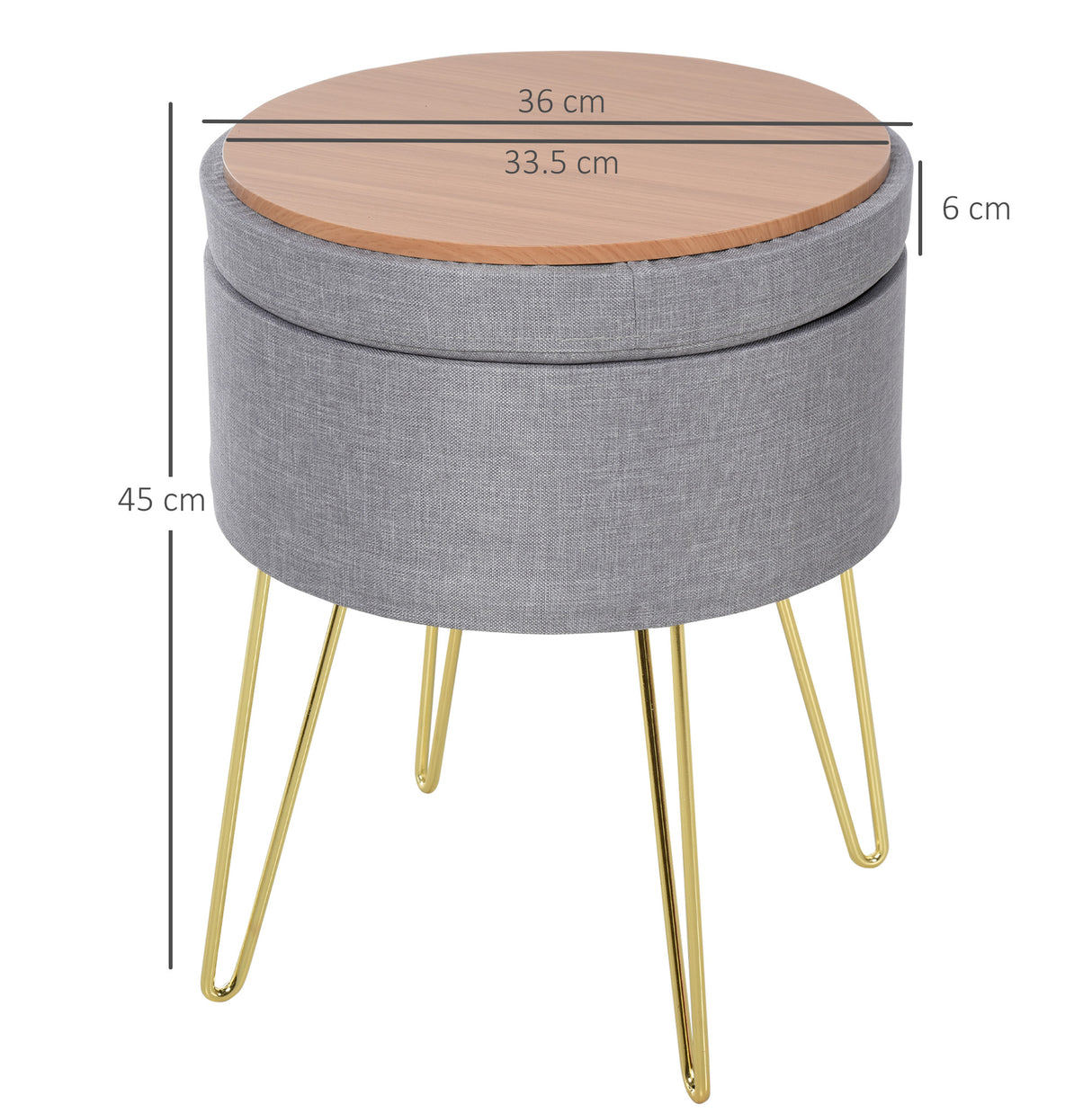 easycomfort easycomfort pouf contenitore 2 in 1 con funzione sgabello e tavolino in legno e tessuto grigio metallo con finitura oro 36x36x45cm
