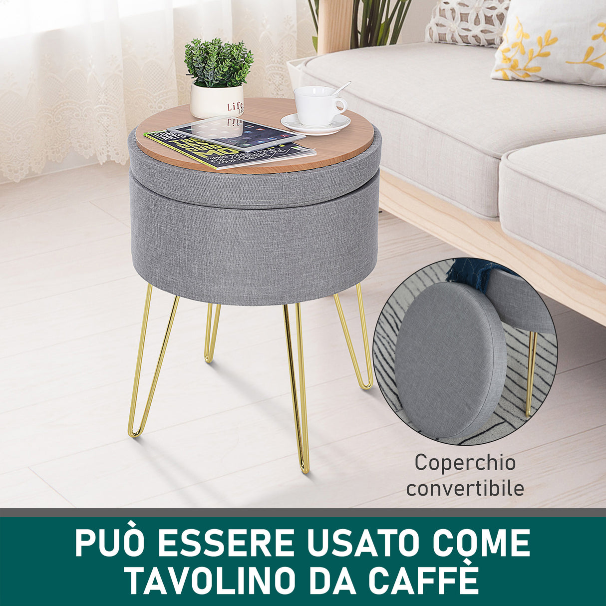 easycomfort easycomfort pouf contenitore 2 in 1 con funzione sgabello e tavolino in legno e tessuto grigio metallo con finitura oro 36x36x45cm