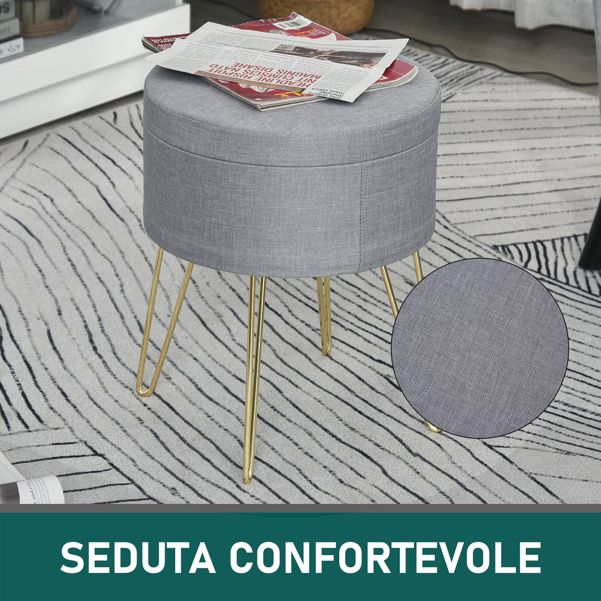 easycomfort easycomfort pouf contenitore 2 in 1 con funzione sgabello e tavolino in legno e tessuto grigio metallo con finitura oro 36x36x45cm