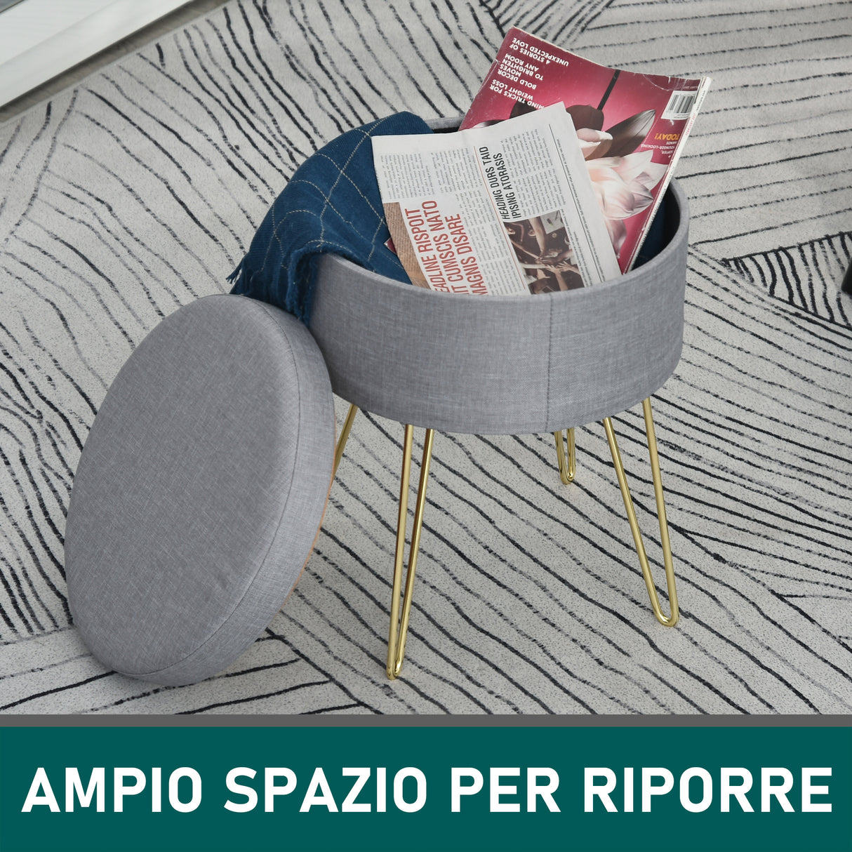 easycomfort easycomfort pouf contenitore 2 in 1 con funzione sgabello e tavolino in legno e tessuto grigio metallo con finitura oro 36x36x45cm