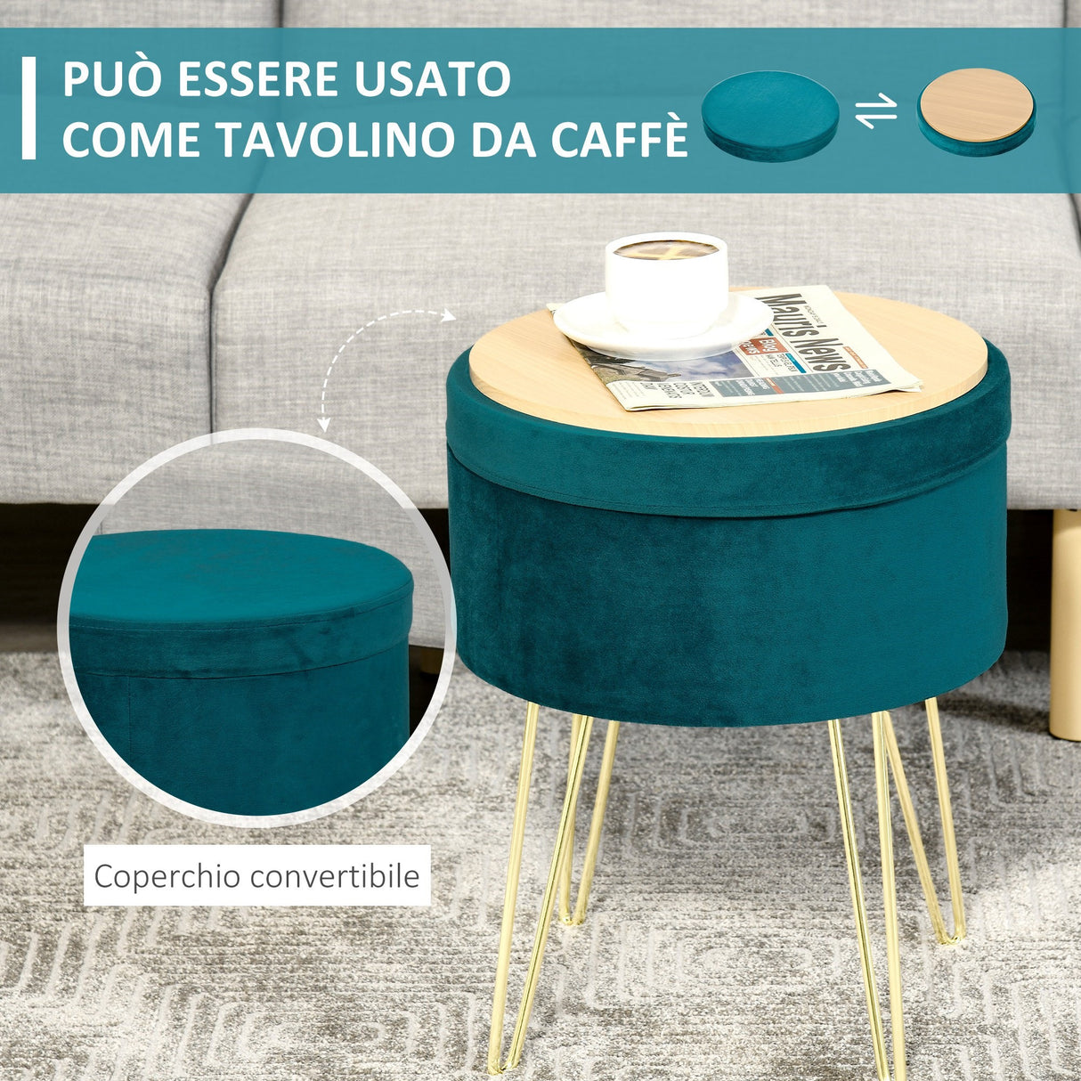 easycomfort easycomfort sgabello rotondo con vano contenitore in velluto verde e oro 36x36x45cm ean 8054111847643