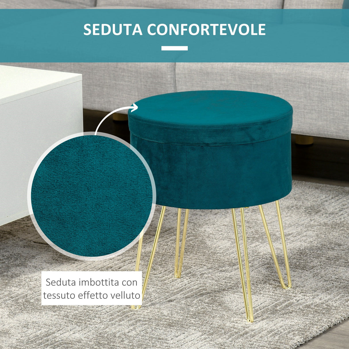 easycomfort easycomfort sgabello rotondo con vano contenitore in velluto verde e oro 36x36x45cm ean 8054111847643
