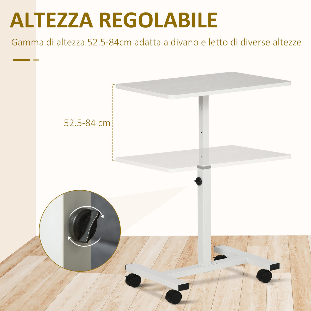 easycomfort easycomfort tavolino porta pc con altezza regolabile e ruote 60x40x52 5 84cm bianco